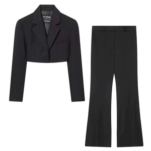 Women Vintage Cropped Blazer Top Or Flare Pants Professional Suit Separates Solid Color Polyester Business Attire