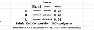 Size chart for knit poncho sweater with fabric details and measurements in centimeters