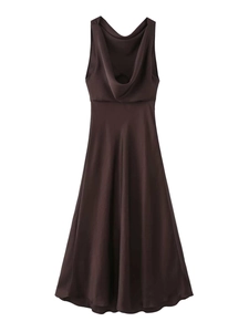 Detail of elegant chocolate brown cowl neck sleeveless satin midi dress with silky texture