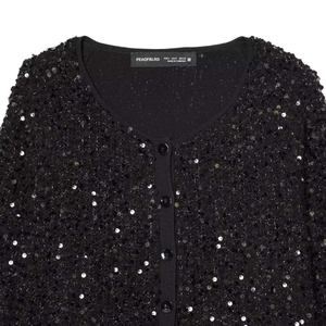 Modische schwarze Pailletten-Strickjacke mit V-Ausschnitt und Knopfverschluss für Damen