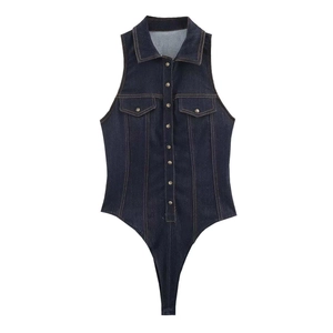 Body da Donna in Poliestere Look Denim Senza Maniche Collo a Revers Bottoni Vita Alta Cuciture a Contrasto