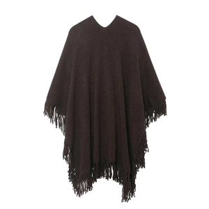 Women's dark brown knit poncho with V-neckline and elegant fringe hem details