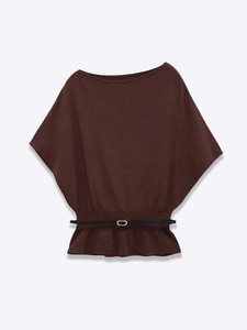 Close-up of coffee brown knit top featuring an elegant off-shoulder neckline and belted waist