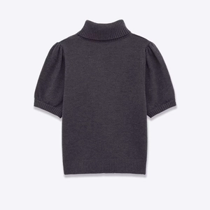 Elegant dark grey high-neck knit sweater with puffed short sleeves and ribbed hem