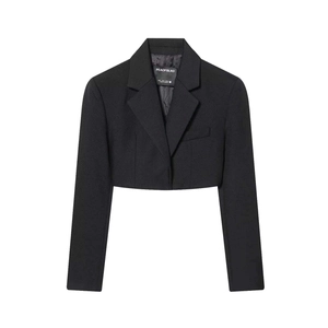 Classic black cropped blazer with notched lapel and chest pocket shown in a flat lay view