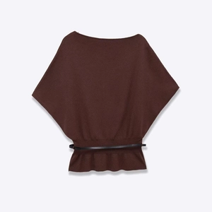 Dark brown knit top featuring wide batwing sleeves and a stylish black waist belt