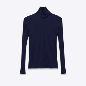 Classic navy blue turtleneck knit sweater with vertical ribbing texture and slim fit design