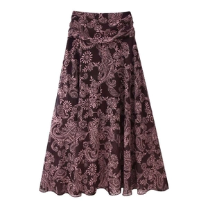 Jupe longue bohème à motif paisley violet avec taille haute et silhouette trapèze fluide