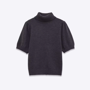 Women Elegant High Neck Short Sleeve Knit Top With Puff Sleeve Slim Fit Dark Gray Ribbed Polyester Sweater For Work
