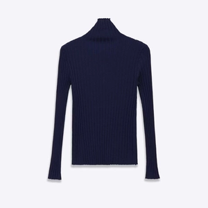 Navy blue slim fit mock neck sweater with vertical ribbed knit texture for women