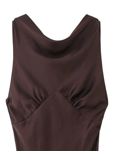 Detail of a dark brown silk satin sleeveless top with elegant cowl neck and V-pleat design