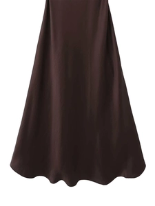 Detail view of smooth dark brown satin fabric with soft silk texture and elegant drape