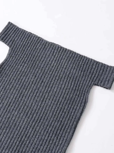 Close-up of dark grey ribbed knit texture and off-the-shoulder neckline detail