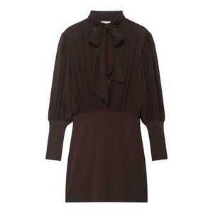 Vestito Elegante da Donna Marrone Scuro Manica Lunga con Fiocco Collo Rialzato Pieghe Schiena Scoperta Mini Vestito Aderente per Ufficio Festa
