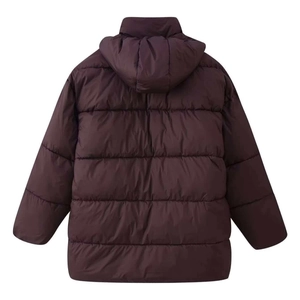 Deep purple oversized hooded puffer coat for women featuring a minimalist quilted design