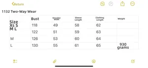 Tableau des tailles détaillé pour veste d'hiver réversible en similicuir et fourrure