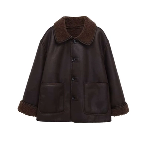 Manteau D'Hiver En Fausse Peau Lainée Pour Femme Revers Veste Réversible En Similicuir Et Fourrure Avec Poches
