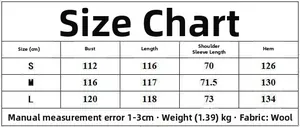 Detailed size guide table for beige wool coat showing bust and length measurements in cm