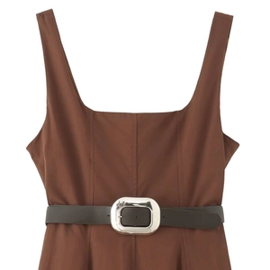 Brown square neck A-line dress with wide black belt and silver metal buckle