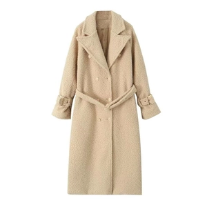 Women's Elegant Milk Apricot Faux Fur Long Coat Double Breasted Lapel Teddy Fleece Jacket With Belt Warm Winter Outerwear
