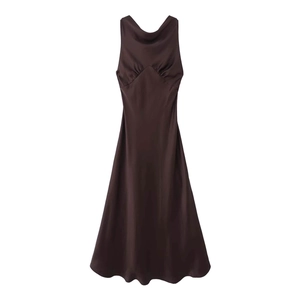 Women's dark brown sleeveless satin midi dress with cowl neck and elegant draped waistline
