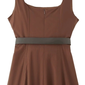 Brown A-line sleeveless dress with waist belt and back zipper detail in summer style