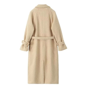 Long apricot sherpa coat for women featuring a textured tweed finish and back waist belt