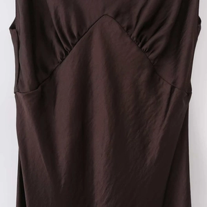 Elegant dark brown satin mini dress for women with silky texture and v-neck pleat detail