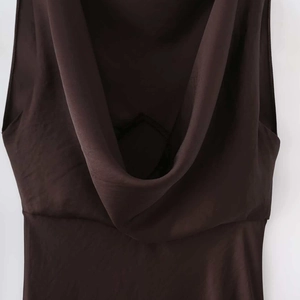 Elegant deep brown silk texture mini dress featuring a draped cowl neck design