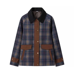 Giacca A Quadri Rétro Da Donna Manica Lunga Patchwork A Contrasto Colletto In Velluto A Costε Cappotto Casual