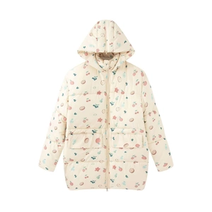Manteau à capuche crème pour femme avec imprimés fruits et fleurs et grandes poches