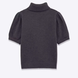 Women's dark gray short sleeve knit top with mock neck and subtle puff sleeves