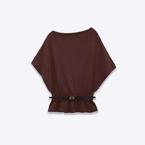 Women Casual Off-Shoulder Knit Top With Belt Peplum Hem Batwing Sleeve Solid Color Elegant Commuting Knitwear Sweater