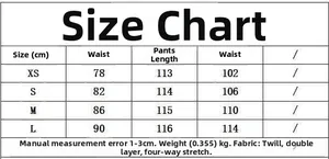 Size guide for pleated wide leg trousers with waist and length measurements in centimeters