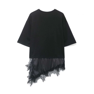 T-Shirt Décontracté à Manches Courtes pour Femmes Patchwork de Satin Asymétrique Ourlet en Dentelle Col Rond Style Urbain