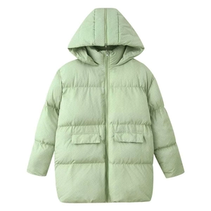 Women's light green hooded puffer jacket featuring a quilted design and large pockets