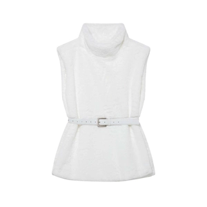 Gilet da donna in ecopelliccia bianca con collo alto e cintura in pelle coordinata