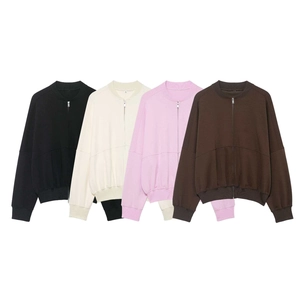 Veste Bomber Zippée Et Pantalon Évasé Femme Tricot Polyester Sport Décontracté Manches Longues Col Rond Streetwear