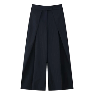 Women's wide leg trousers with stylish front pleated overlap and navy pinstripe fabric