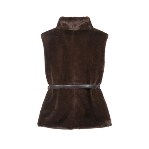 Gilet in pelliccia sintetica marrone scuro da donna con collo alto e cintura sottile