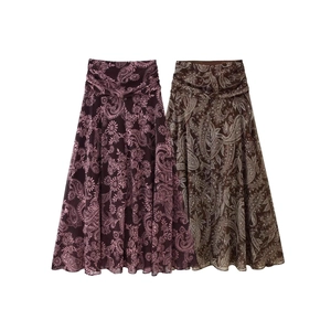 Jupe Longue Taille Haute pour Femmes Imprimé Paisley Mousseline Rétro Ligne A Plissée Jupe Fluide Bohème Quotidienne