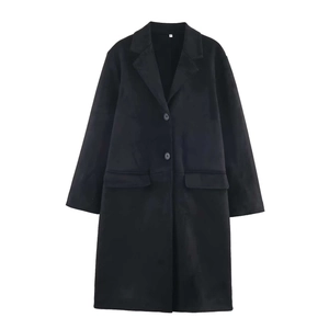 Dettaglio del cappotto nero medio lungo in lana con revers classico e tasche a patta
