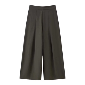 Minimalist high-waisted pleated wide-leg trousers in olive green with a sleek drape finish