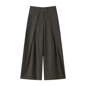 Women's dark gray-green high waist wide leg trousers with deep pleats and minimal design