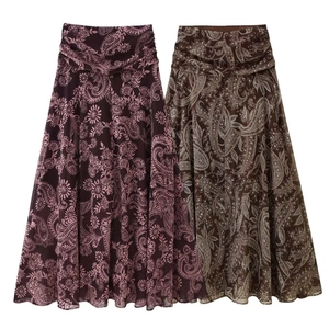 Jupe longue pour femme avec imprimé paisley, coupe trapèze en mousseline violette et brune