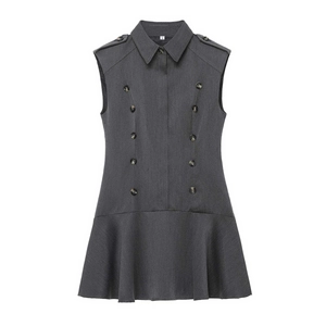 Detail of dark grey sleeveless double-breasted dress with notch lapel and ruffled hem