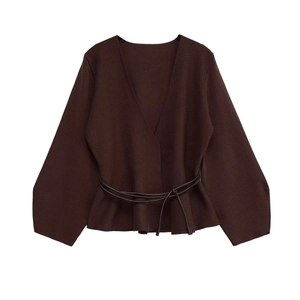 Pull en Maille Femme Col en V Manches Longues Élégant Brun Foncé avec Lien de Serrage Cardigan pour Bureau Quotidien