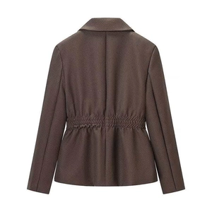 Back view of a tailored dark brown women blazer with gathered waist and woven texture