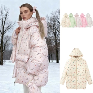 Veste Rembourrée à Capuche pour Femme Imprimé Floral Fruits Cœur Matelassée Mi-Longue Manteau d'Hiver Chaud Décontracté Ample
