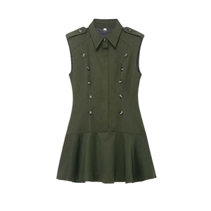 Vintage army green sleeveless double-breasted dress with shoulder epaulettes and flared hem